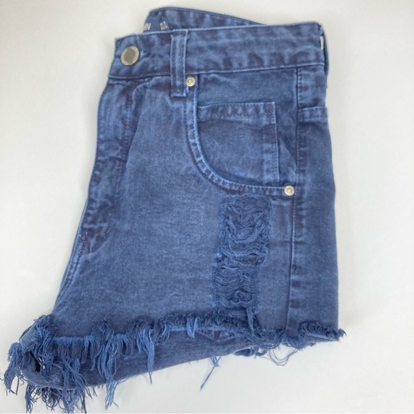 John John High Rise Distressed Shorts 26 Blue Raw Hem Cotton Brazilian - Picture 3 of 10